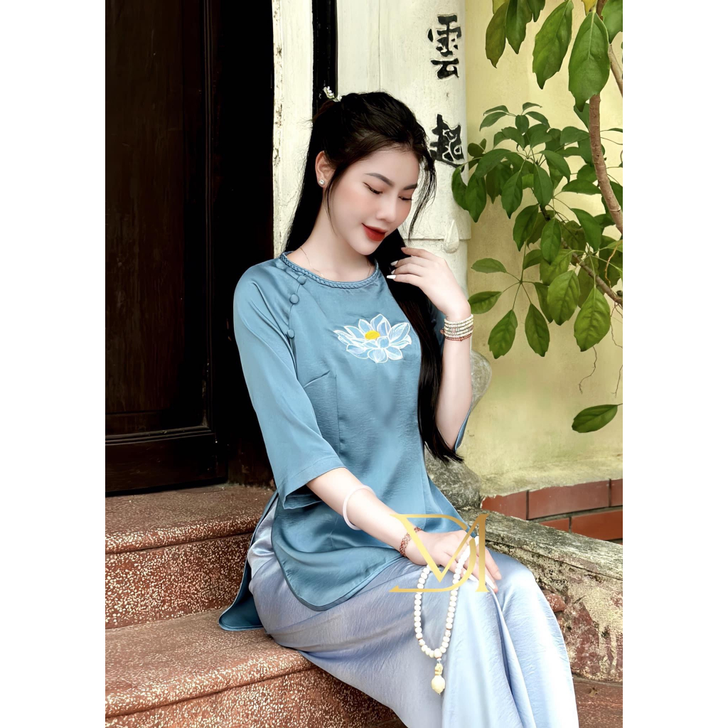 Đồ bộ đi chùa nữ cổ tết thêu hoa sen Pháp phục đi chùa cách tân tay lỡ Đồ lam nữ lụa hai da, mềm mịn