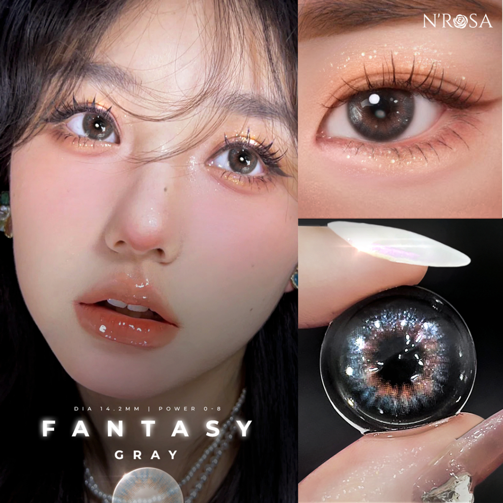 Ảnh Lens xám tự nhiên có độ cận 0-8 N’Rosa Fantasy Gray chất liệu Silicone Hydrogel cho mắt thở Angel Eyes phân phối 1
