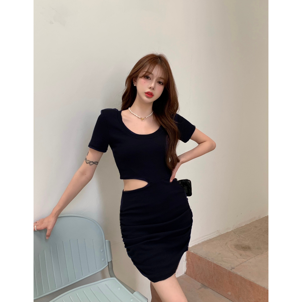 Váy Body Khoét Eo RANSHI Nhún Sườn Tay Ngắn Cổ Tròn Siêu Xinh Cho Nữ, Váy Ôm Sát Chất Thun Hàn Xịn - RBD078