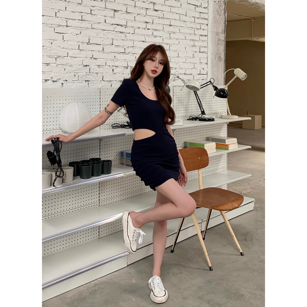 Váy Body Khoét Eo RANSHI Nhún Sườn Tay Ngắn Cổ Tròn Siêu Xinh Cho Nữ, Váy Ôm Sát Chất Thun Hàn Xịn - RBD078