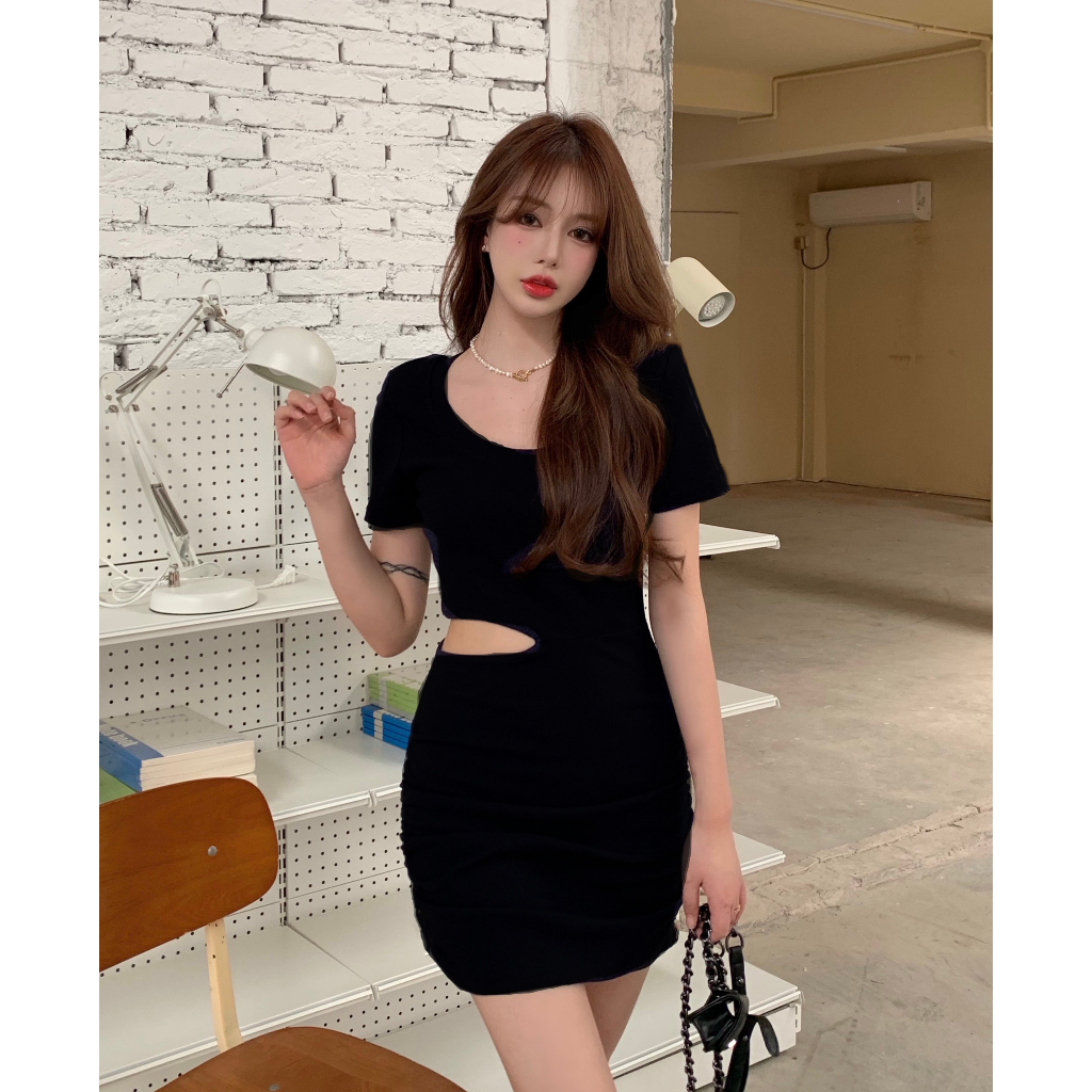 Váy Body Khoét Eo RANSHI Nhún Sườn Tay Ngắn Cổ Tròn Siêu Xinh Cho Nữ, Váy Ôm Sát Chất Thun Hàn Xịn - RBD078