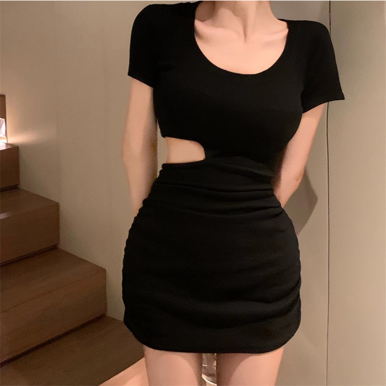 Váy Body Khoét Eo RANSHI Nhún Sườn Tay Ngắn Cổ Tròn Siêu Xinh Cho Nữ, Váy Ôm Sát Chất Thun Hàn Xịn - RBD078