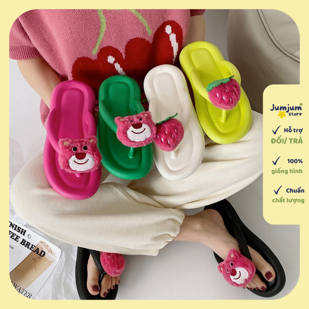 Dép kẹp xỏ ngón nữ gấu dâu đế xuồng 1.5 (cm) êm chân mùa hè kháng nước | JJKEPGD1