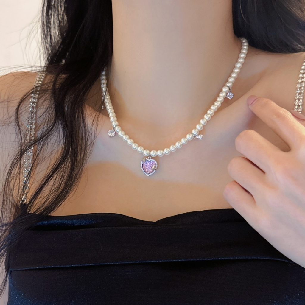 Dây chuyền hạt ngọc hình trái tim bằng đá zircon phối ngôi sao 4 cánh phong cách cá tính [Sparkle Heart]