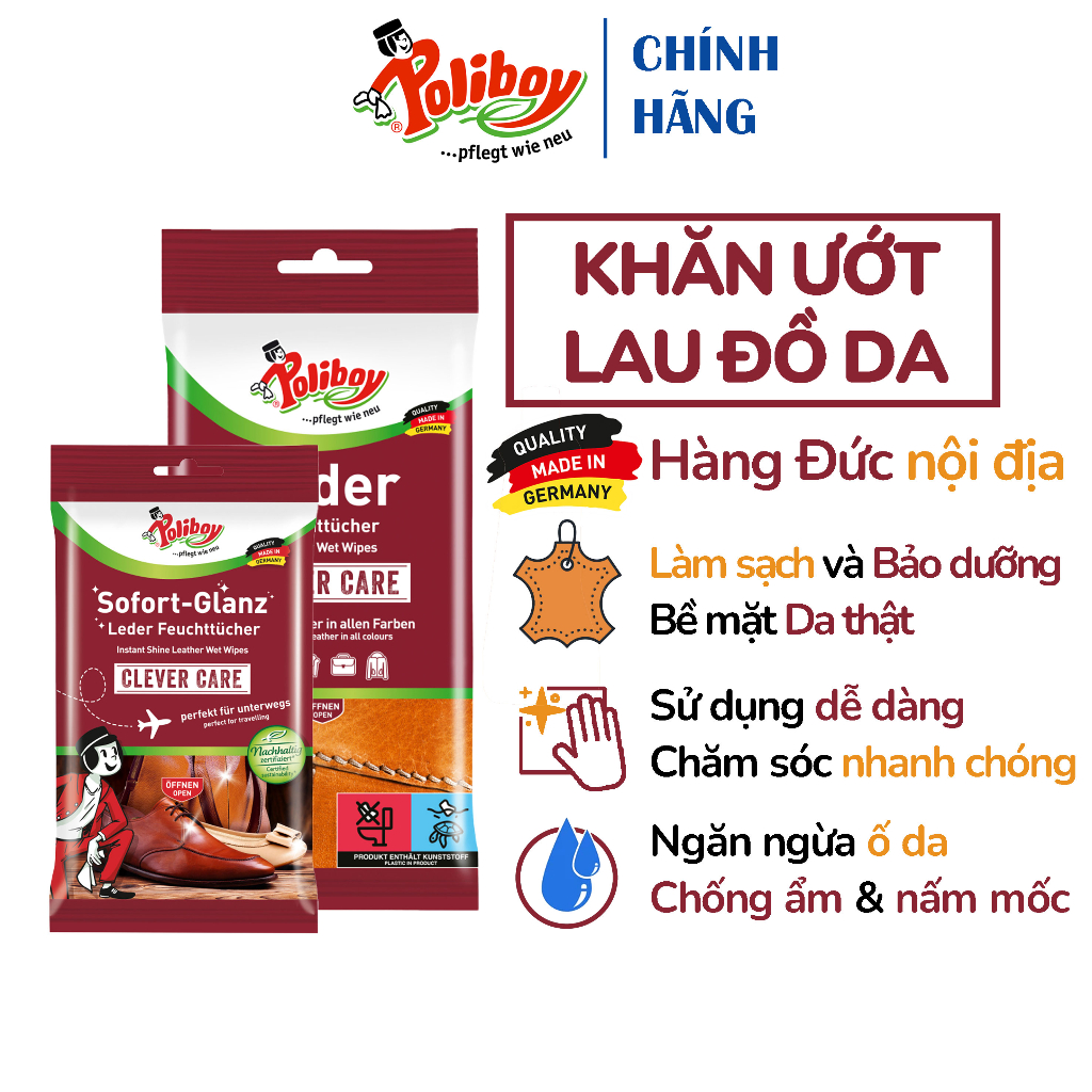 Ảnh Khăn Ướt Lau Túi Da, Giày Da POLIBOY Tẩy Mốc Túi Da, Đánh Bóng Đồ Da, Chống Mốc Túi Da, Xi Đánh Giầy Da, Dưỡng Túi Da 1