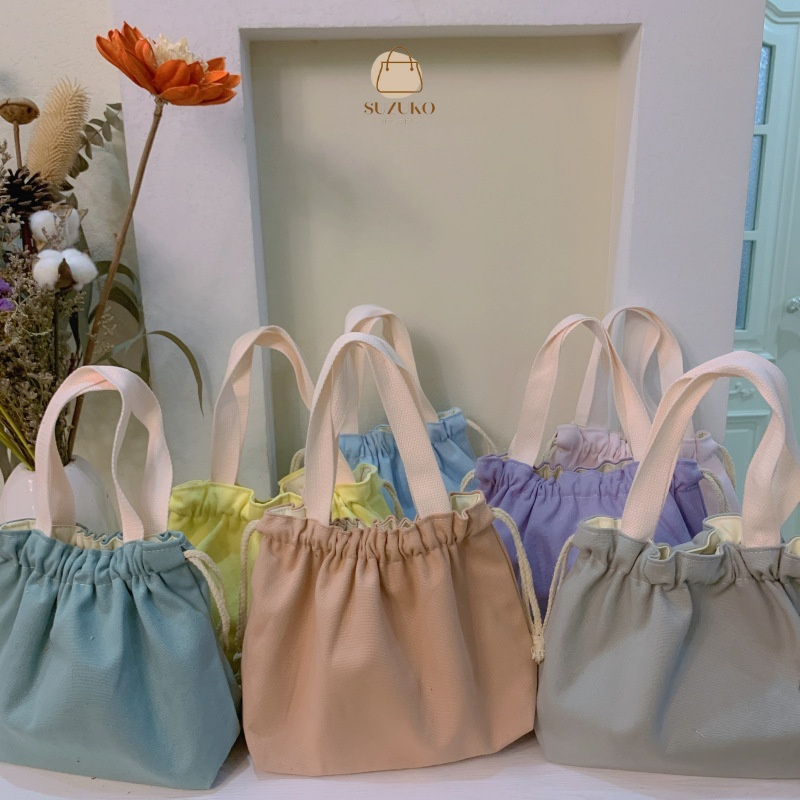 Túi vải mini, túi đựng cơm hộp bento cầm tay dây rút vải Canvas màu ...