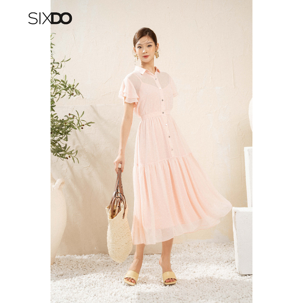 Đầm sơ mi hồng dáng xòe ngắn tay thời trang SIXDO (Light Pink Polka Dot ...