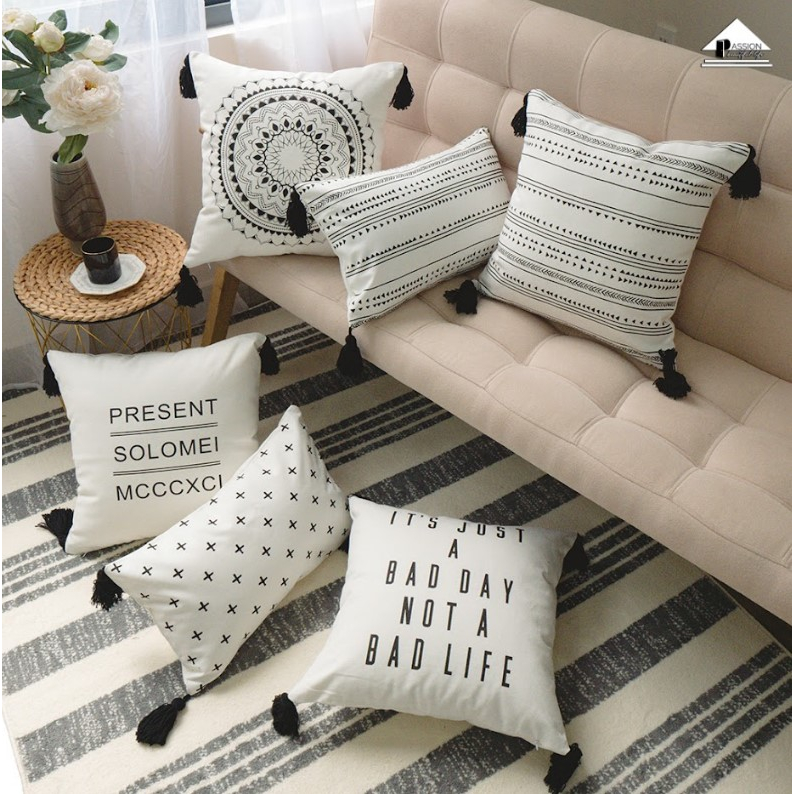 Vỏ Gối Tựa Lưng Sofa Họa Tiết Bohemian Trắng Đen Phong cách Châu Âu Sang Trọng