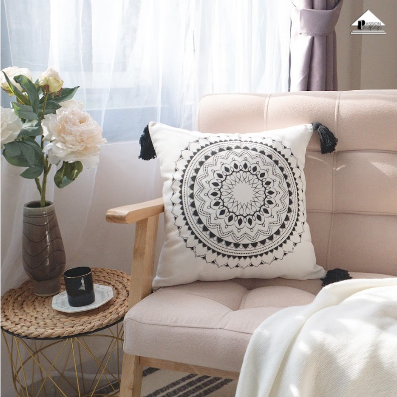 Vỏ Gối Tựa Lưng Sofa Họa Tiết Bohemian Trắng Đen Phong cách Châu Âu Sang Trọng