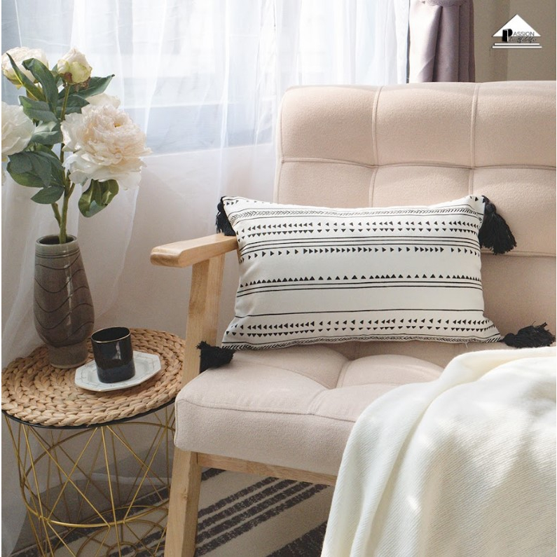 Vỏ Gối Tựa Lưng Sofa Họa Tiết Bohemian Trắng Đen Phong cách Châu Âu Sang Trọng