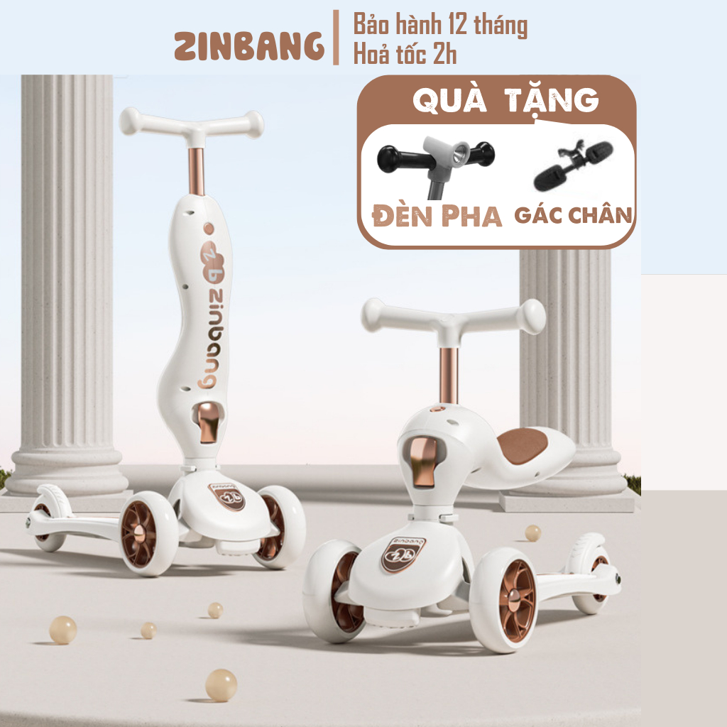 Xe Scooter cho bé ZinBang 2in1 combo xe trượt + chòi chân tập đi từ 1-5 tuổi, đèn bánh xe