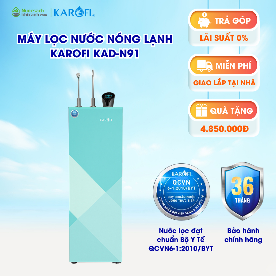 Máy lọc nước nóng lạnh KAROFI KAD-N91 bình 33kg, công nghệ 10 lõi lọc Smax, điều khiển giọng nói VoiceCall