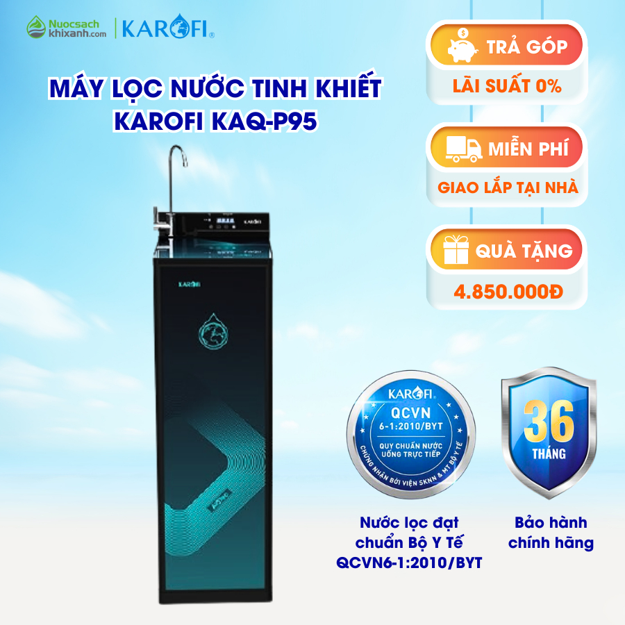 Máy lọc nước sạch KAROFI KAQ-P95 bình dung tích 6L công nghệ 10 lõi lọc smax kết nối wifi đa năng