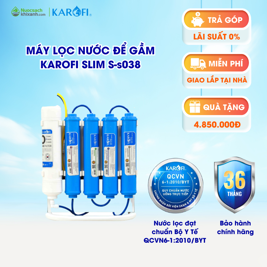 Máy lọc nước gia dụng KAROFI Slim S-s038 bình 6L màng RO 100GPD thay nhanh Hàn Quốc hệ thống 8 lõi