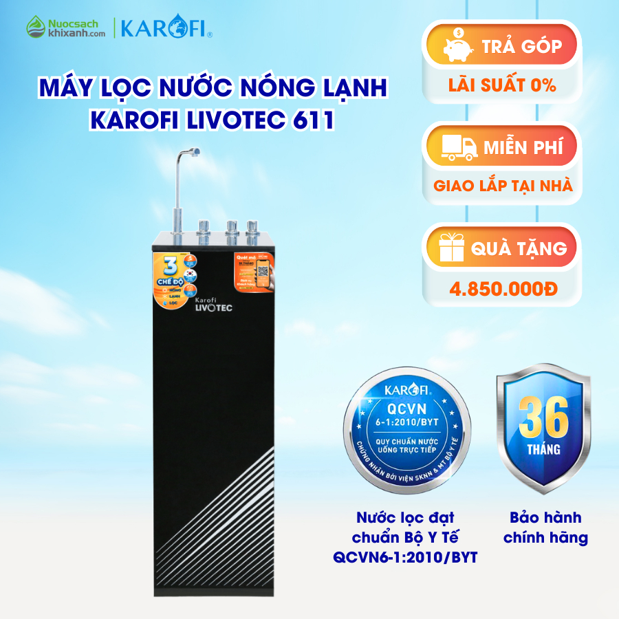 [Mã BMLTA35 giảm đến 35K đơn 99K] Máy lọc nước nóng lạnh Karofi Livotec 611