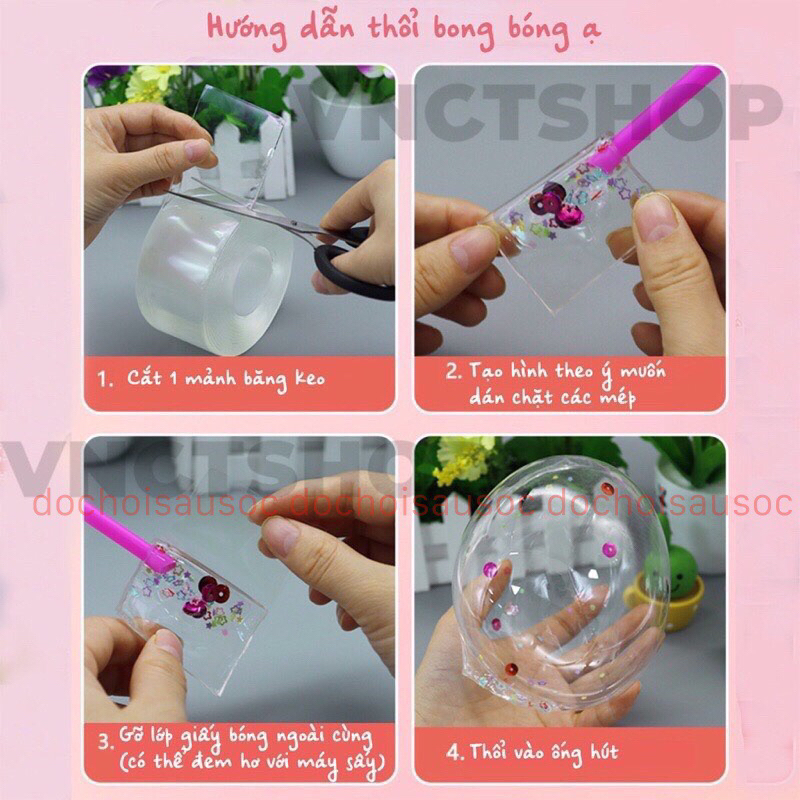 Băng dính Nano- Bong Bóng tự thổi hot - Set 3 món: băng dính ,charm nhũ,ống thổi cho bé