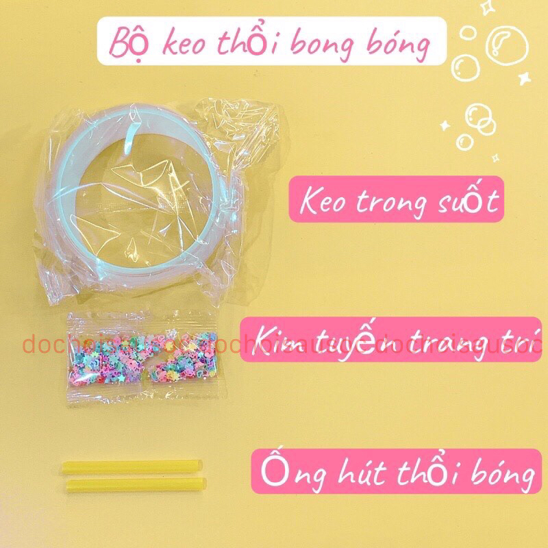 Băng dính Nano- Bong Bóng tự thổi hot - Set 3 món: băng dính ,charm nhũ,ống thổi cho bé