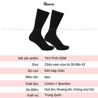 Tất vớ nam cổ cao GOMTAT đi giày tây, chất liệu cotton khử mùi thoáng khí họa tiết gân chìm màu đen - TAY-FIVE-2008-1DOI