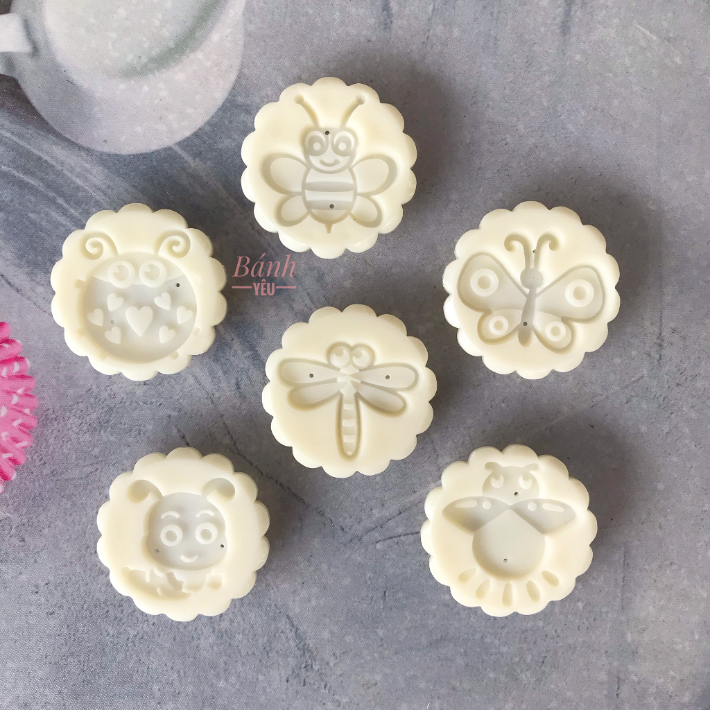 Khuôn bánh trung thu lò xo 50g 6 mặt họa tiết Bướm Ong - KH216