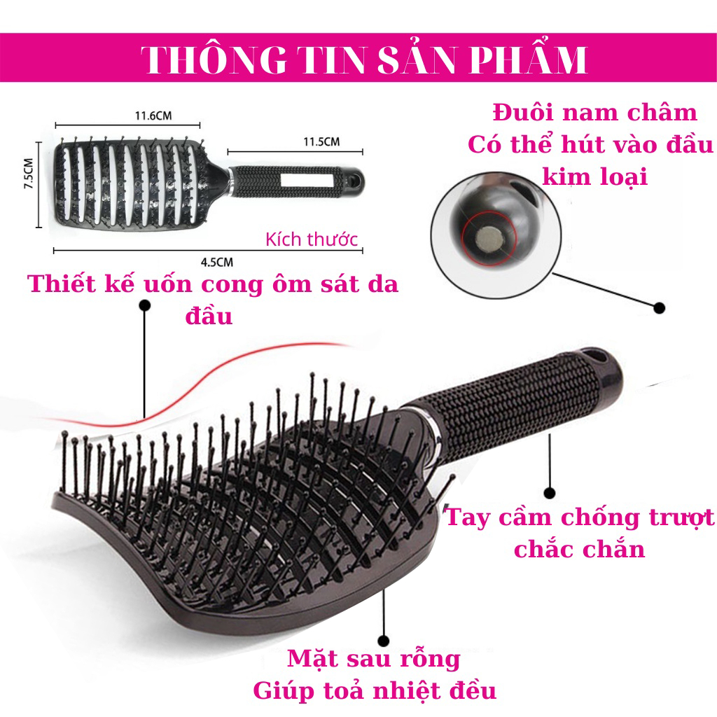 Lược chải tóc gỡ rối có lông, lược bán nguyệt tạo phồng tóc lượt bản to sấy tạo kiểu massage đầu (   hot)