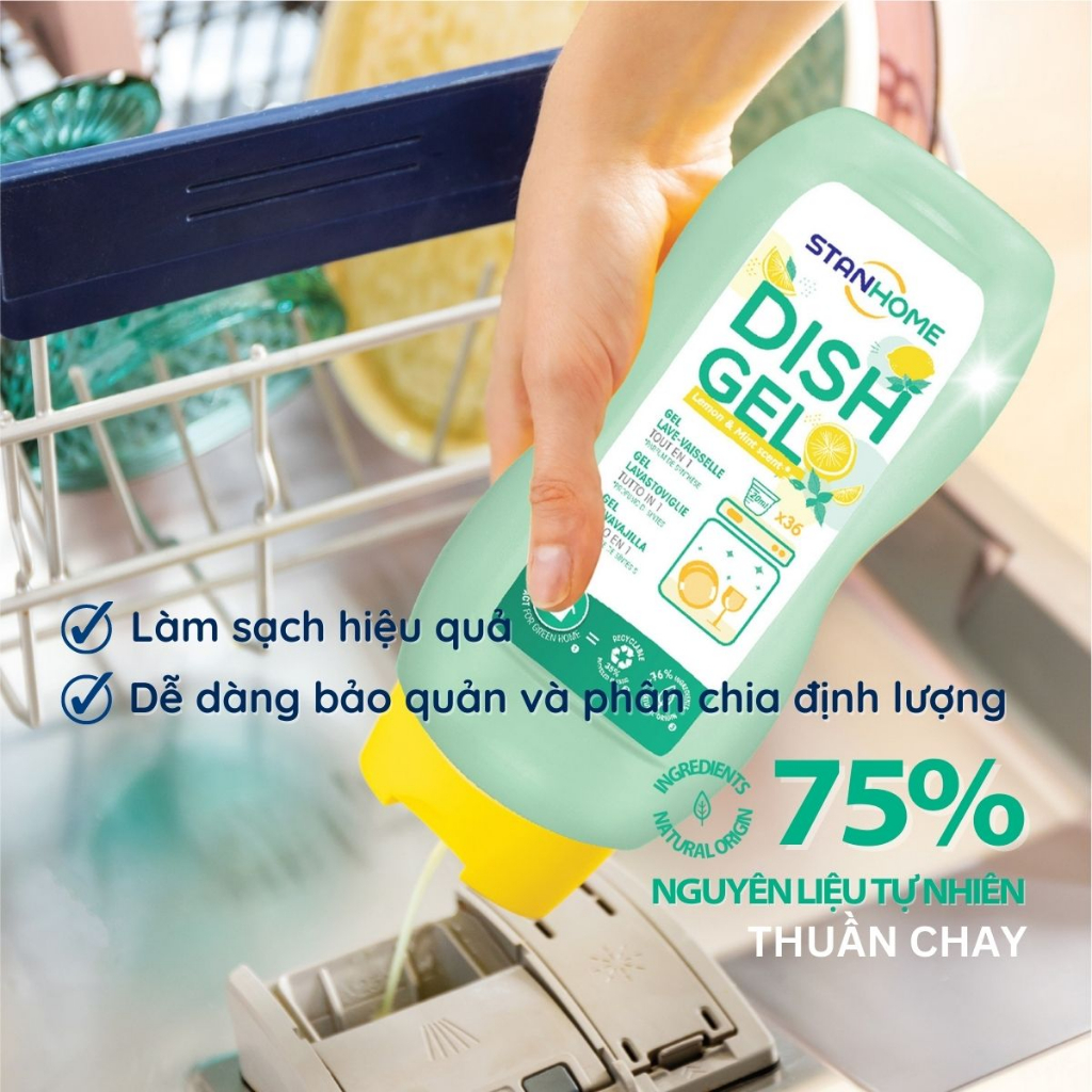 Ảnh Nước rửa chén bát cho máy rửa chén Stanhome Dish Gel Hương Chanh Bạc Hà Làm Sạch Dầu Mỡ 720ML 2