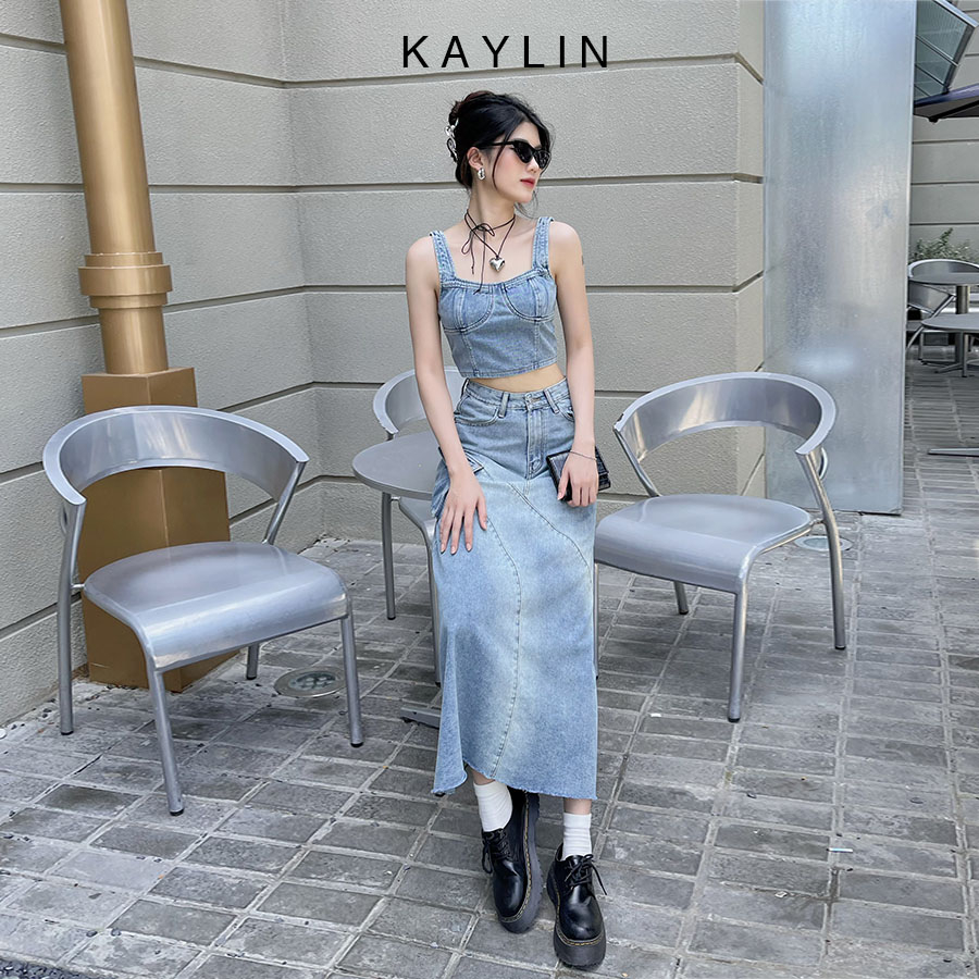 Set jean áo croptop kèm chân váy dài phối túi phong cách retro KAYLIN – N2058