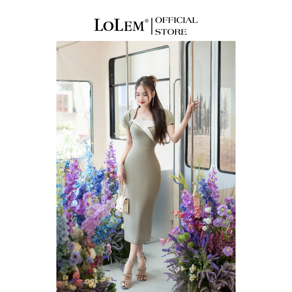 Đầm body dự tiệc LOLEM DO233 cúp ngực phối màu chất linen cotton thoáng mát
