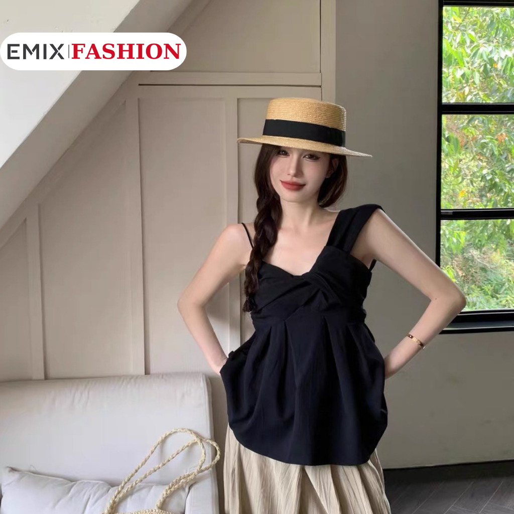 Áo kiểu hai dây lệch vai EMIX, Freesize dưới 60kg, Phong cách Basic, Ôm, áo nữ thun có giãn nhẹ 3120P13K17