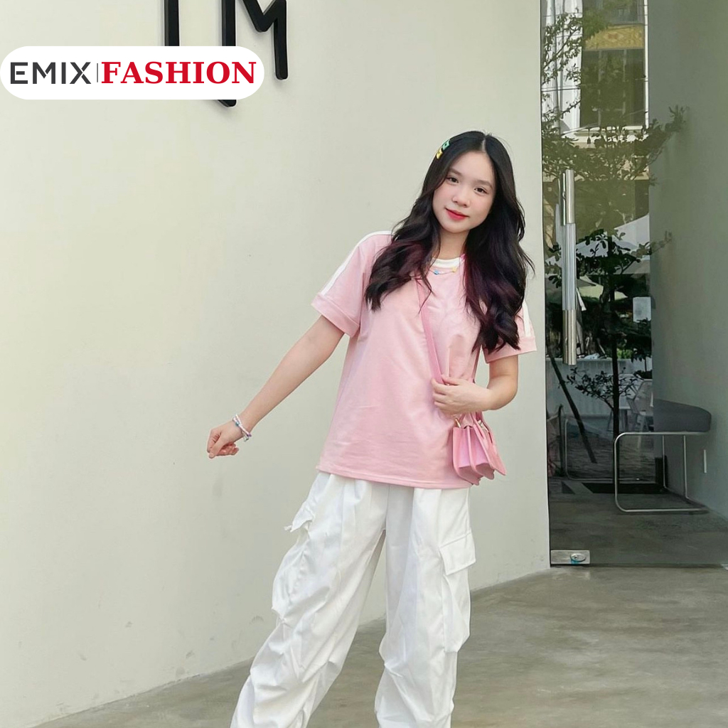 Áo thun babytee EMIX, phối viền kẻ sọc to trơn, áo nữ freesize dưới 55kg, cộc tay, dáng dài, phong cách basic 860