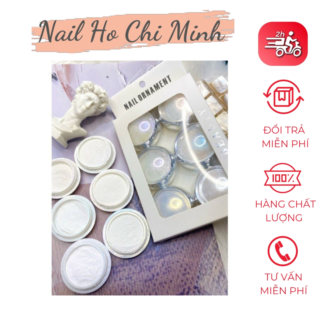 [Sản phẩm mới]Set bột tráng gương nail 6 màu ngọc trai tone trắng kèm tặng cây chà