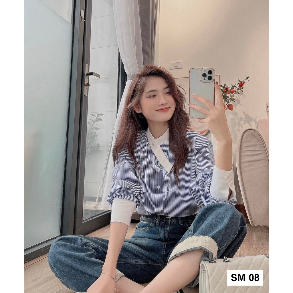 Áo Sơ Mi Kẻ Sọc Tay Dài có bigsize kiểu Hàn Quốc dễ phối đồ cổ chéo phong cách Hàn Quốc M8 CỔ DÂY