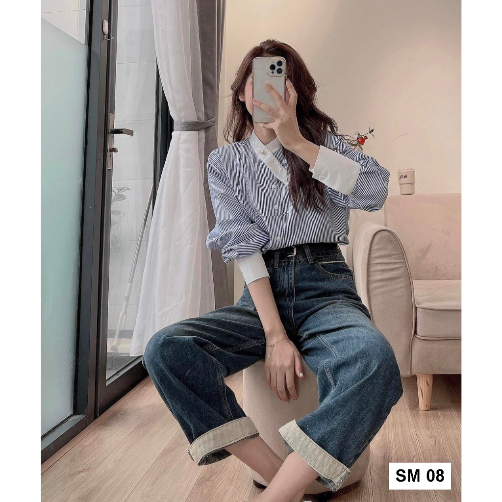 Áo Sơ Mi Kẻ Sọc Tay Dài có bigsize kiểu Hàn Quốc dễ phối đồ cổ chéo phong cách Hàn Quốc M8 CỔ DÂY