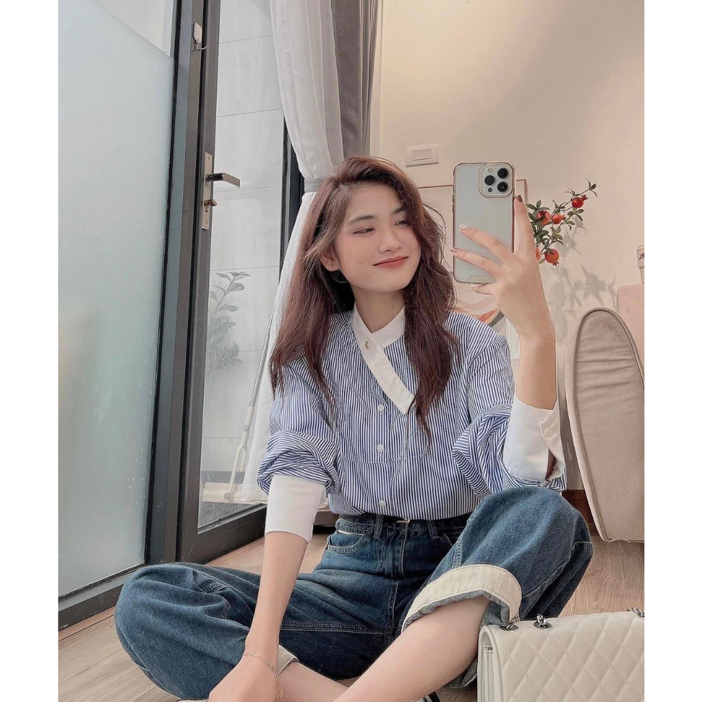 Áo Sơ Mi Kẻ Sọc Tay Dài có bigsize kiểu Hàn Quốc dễ phối đồ cổ chéo phong cách Hàn Quốc M8 CỔ DÂY