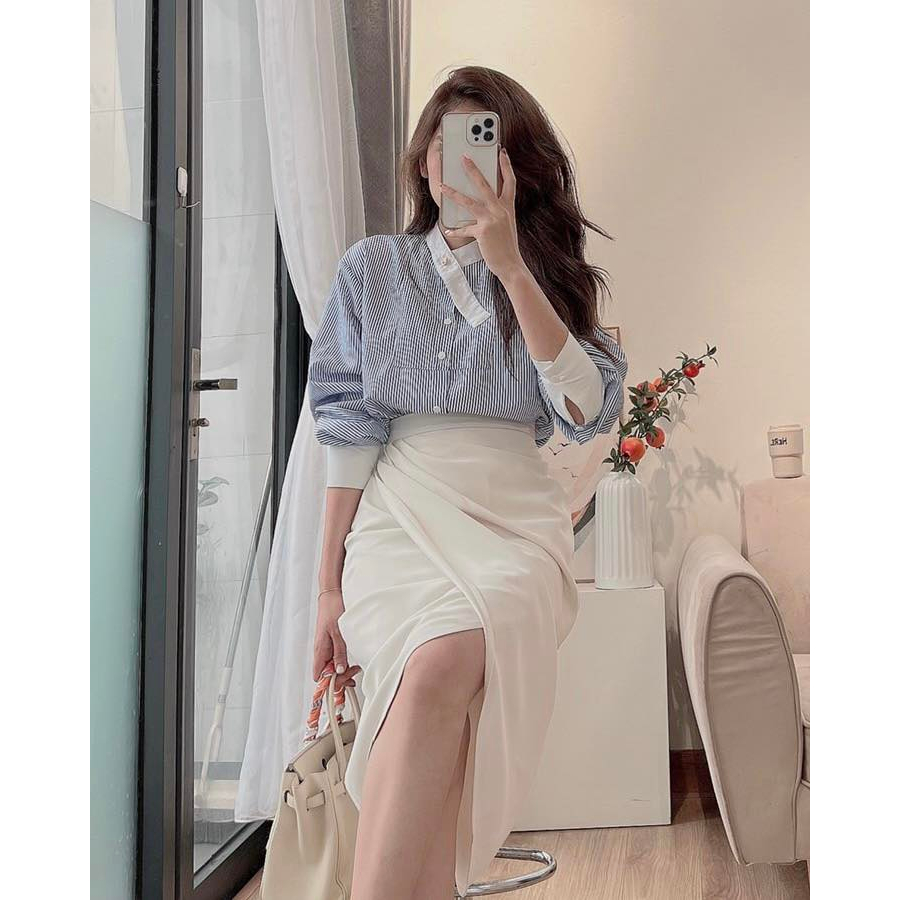 Áo Sơ Mi Kẻ Sọc Tay Dài có bigsize kiểu Hàn Quốc dễ phối đồ cổ chéo phong cách Hàn Quốc M8 CỔ DÂY