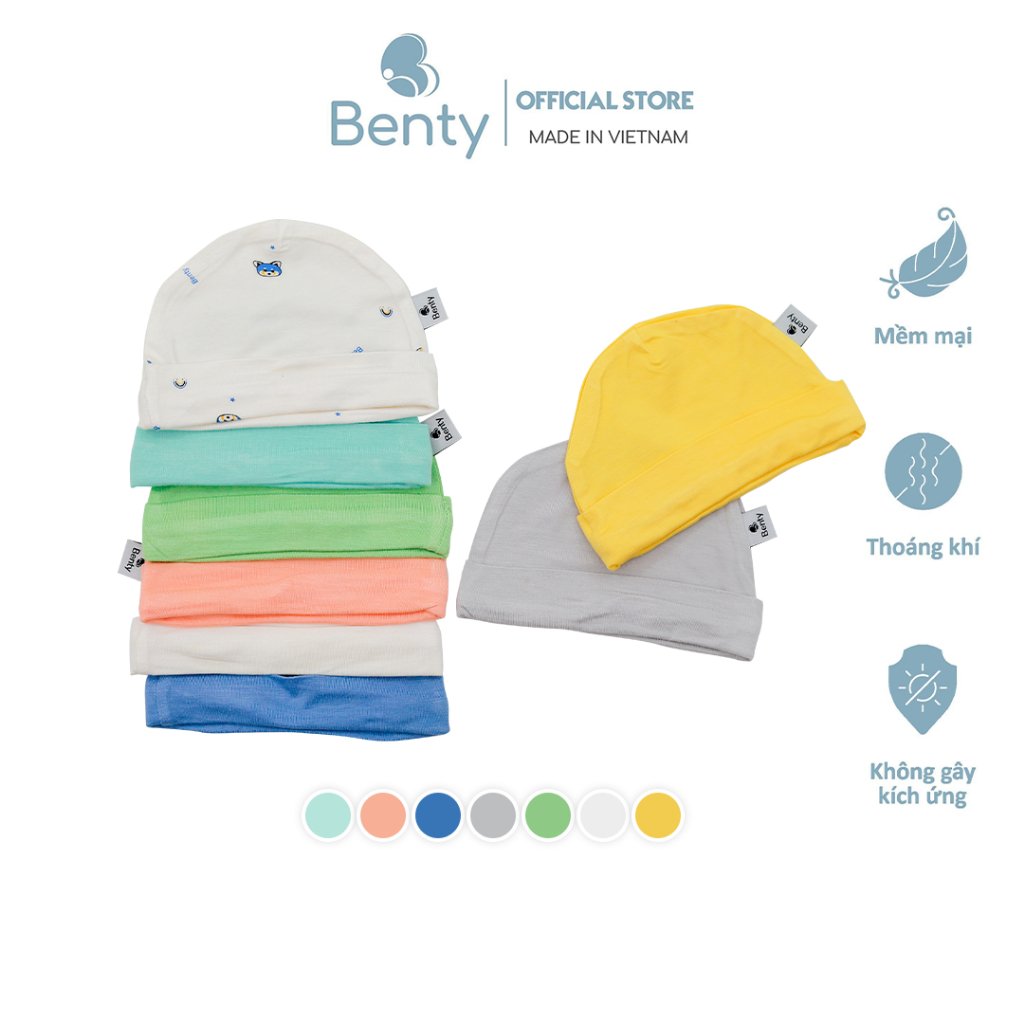 Mũ sơ sinh màu trơn basic họa tiết BENTY cho bé, mũ cotton cao cấp an toàn cho bé