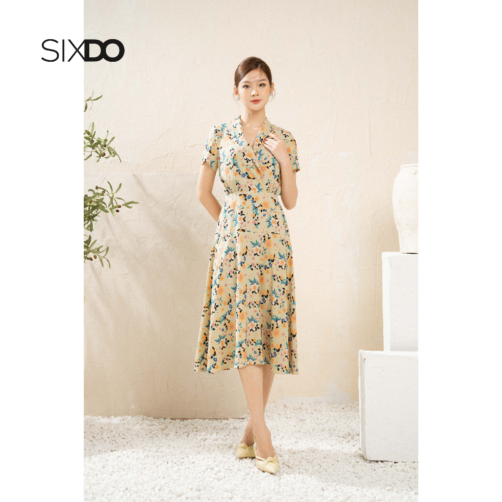 Đầm lụa midi hoa cổ V ngắn tay dáng xòe SIXDO Light Green Nuggets Midi Silk Dress