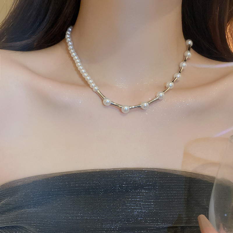 Dây chuyền/ Vòng cổ Hạt Ngọc Phối Kim Loại Trái Tim Độc Đáo Phong Cách Cá Tính