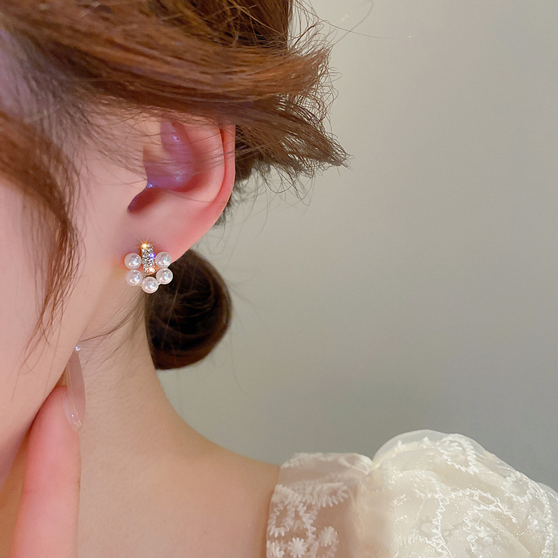 [CHUÔI BẠC 925] Bông tai ngọc nhân tạo đính đá zircon lấp lánh phong cách nữ tính, chuôi đeo bạc 925