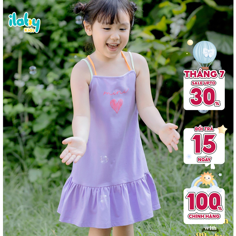 Váy thun hai dây bé gái ILABY phối màu in hình chất liệu thun cotton co dãn cho bé 10-35kg [11IG1767F3DL]