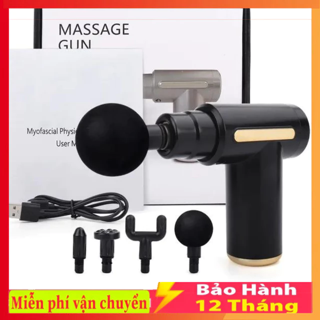 Máy massage cầm tay mini - Súng massage cầm tay đấm lưng mát xa trị liệu cổ vai gáy 4 đầu 6 chế độ