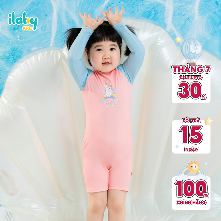 Bộ bơi liền bé gái ILABY tay dài in hình unicorn chất liệu thun lạnh co dãn cho bé 8-28kg [70IG1615C3FT]