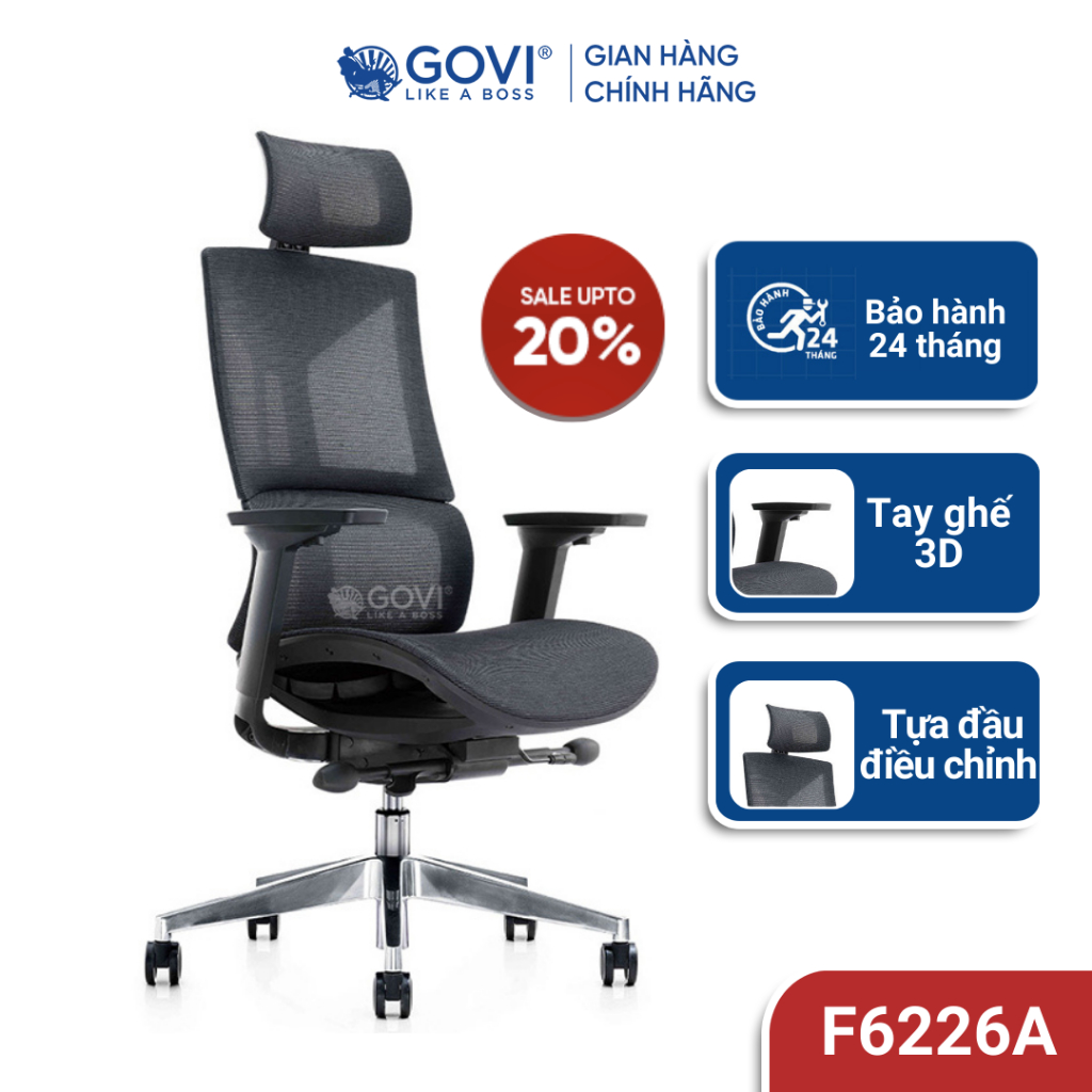 Ghế công thái học Ergonomic GOVI Felix F6226A - Tựa đầu điều chỉnh độ cao, tựa tay 3D nâng hạ, mâm ghế ngả 3 vị trí