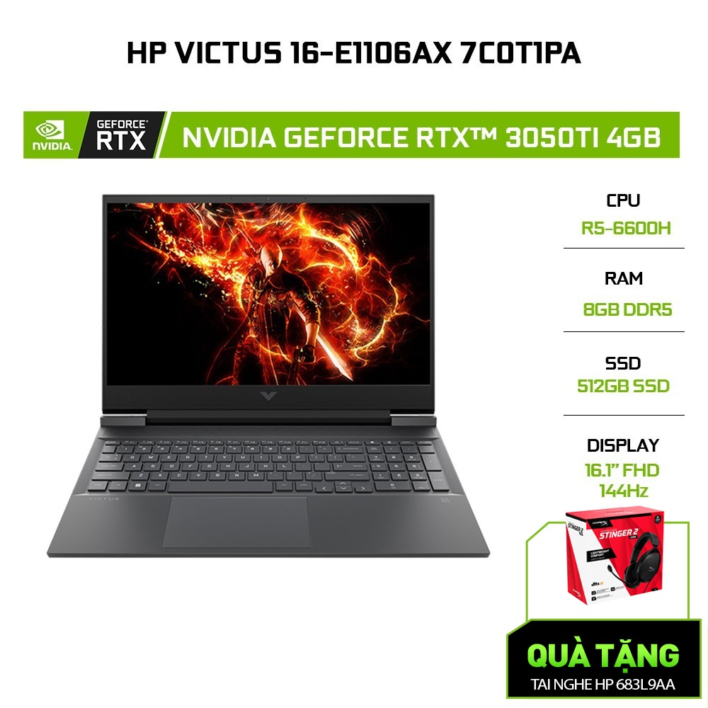 [Mã ELHP2TR5 giảm 12% đơn 18TR] Laptop HP VICTUS 16-e1106AX 7C0T1PA R5-6600H | 8GB | 512GB |RTX™ 3050Ti 4GB | 16.1