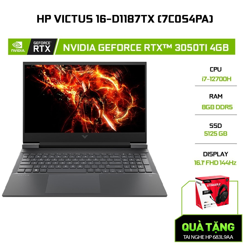 [Mã ELHP2TR5 giảm 12% đơn 18TR] Laptop HP VICTUS 16-d1187TX 7C0S4PA i7-12700H | 8GB | 512GB | GeForce RTX™ 3050Ti 4GB