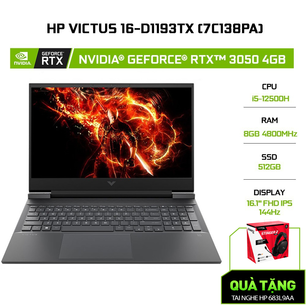 [Mã ELHP2TR5 giảm 12% đơn 18TR] Laptop HP Victus 16-d1193TX 7C138PA i5-12500H | 8GB | 512GB | GeForce RTX™ 3050 4GB