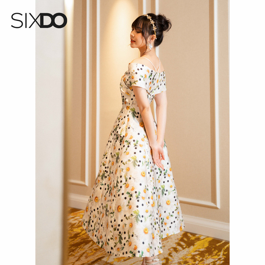 Đầm trễ vai dáng xòe họa tiết hoa cúc SIXDO White Daisy Midi Brocade Dress