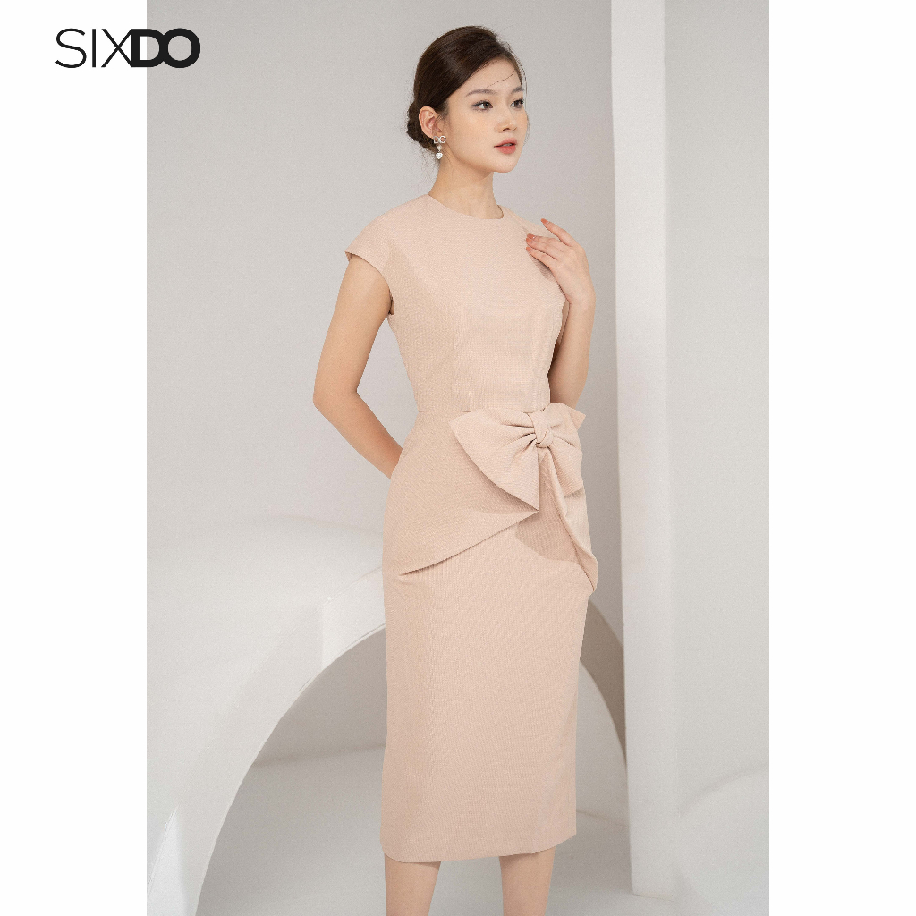 Đầm be dáng bút chì cổ tròn phối nơ eo SIXDO Beige Cap Sleeves Midi Raw Dress