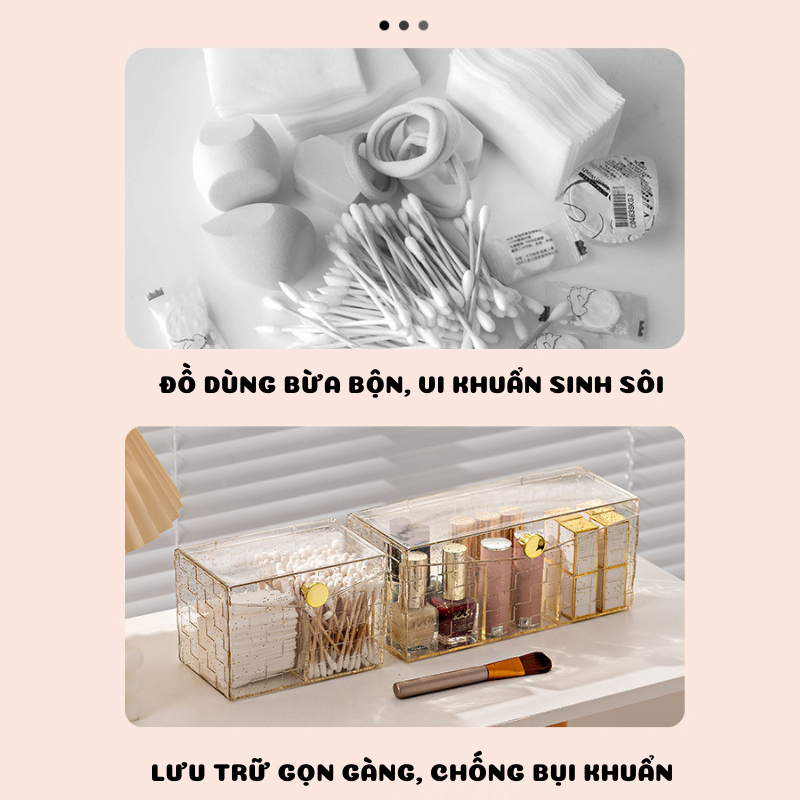 Hộp Đựng Bông Tẩy Trang, Tăm Bông  Chia Ngăn , Nắp Đậy Kín Phủ Nhũ R006