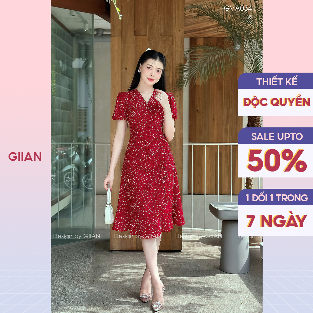 Váy đỏ hoa nhí dáng xòe thiết kế tay bồng thương hiệu Giian - VA0341