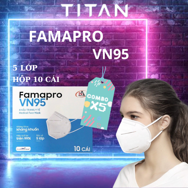 [VN95 - 5 LỚP - COMBO 5 HỘP] Khẩu trang y tế kháng khuẩn cao cấp Famapro VN95 (10 cái/hộp)